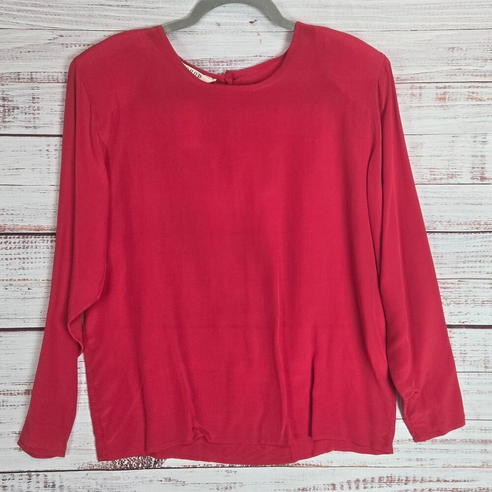 Vtg Fenn Red Silk Long Sleeve Blouse Sz M Shoulder Pads Deadstock Careerwear NWT